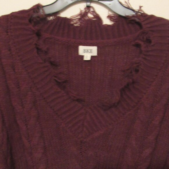 BKE Sweater Small V Neck Brown Destructed Cable Knit Frayed Pullover Oversize - Picture 1 of 7